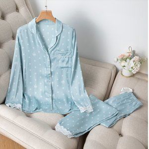 Sky Blue Lace Ice Silk Pajama Set - Long Pants with Short Sleeves - Comfortable